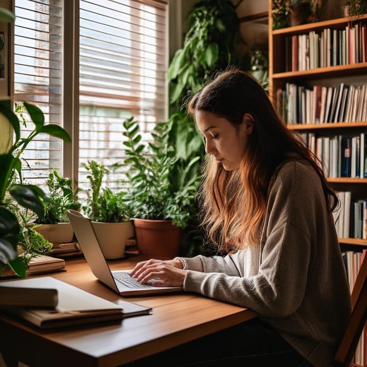 快適な角にある机に座っている人が、背景に本棚と植物がある中、ラップトップでタイピングしている様子。家でのライティングスキルの練習を象徴しています。