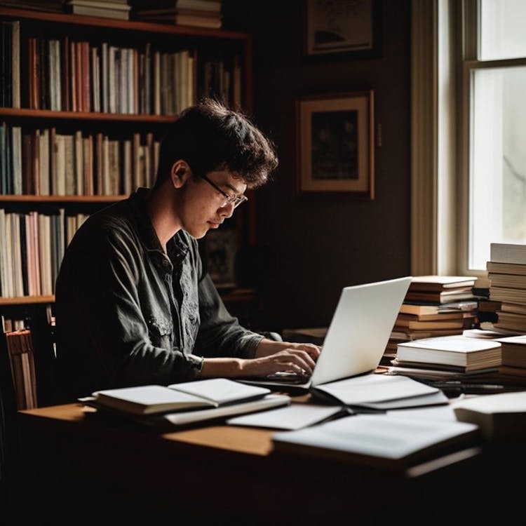 一个人坐在桌子旁，用笔记本电脑打字，周围是书籍和写作材料。