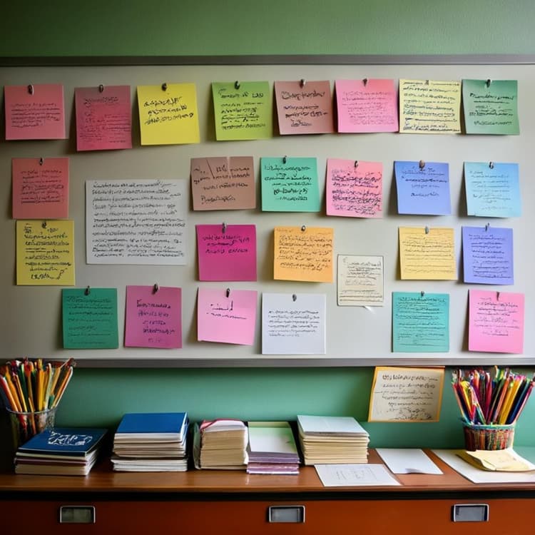 Une collection diversifiée d'activités d'écriture, incluant des paragraphes simples, des cartes postales, des courriels, des mémos, des annonces personnelles et des notes de remerciement, affichée sur un tableau noir dans un cadre de salle de classe.