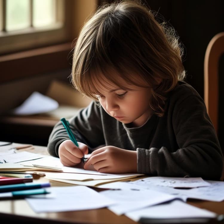 A sad child working on a writing project with papers and pens scattered around.