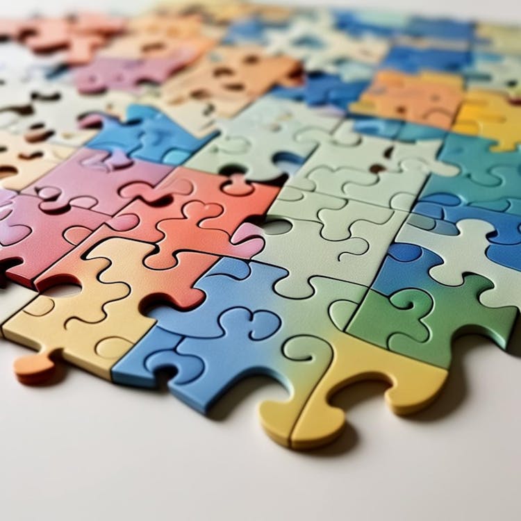 Un puzzle parțial asamblat cu diverse piese colorate pe un fundal luminos, de culoare neutră
