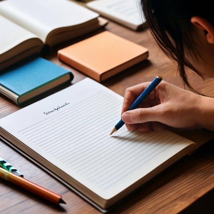 Une personne écrivant dans un cahier vierge, entourée de matériaux pour l'apprentissage des langues tels que des livres et des fiches de révision.