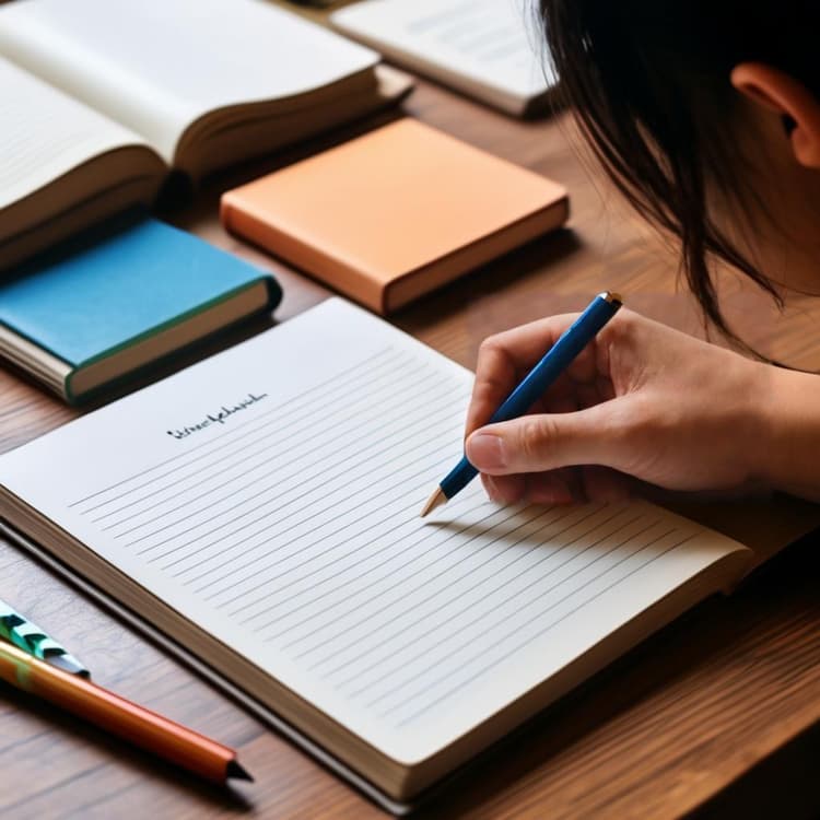 A person writing in a blank notebook, surrounded by language learning materials such as books and flashcards.