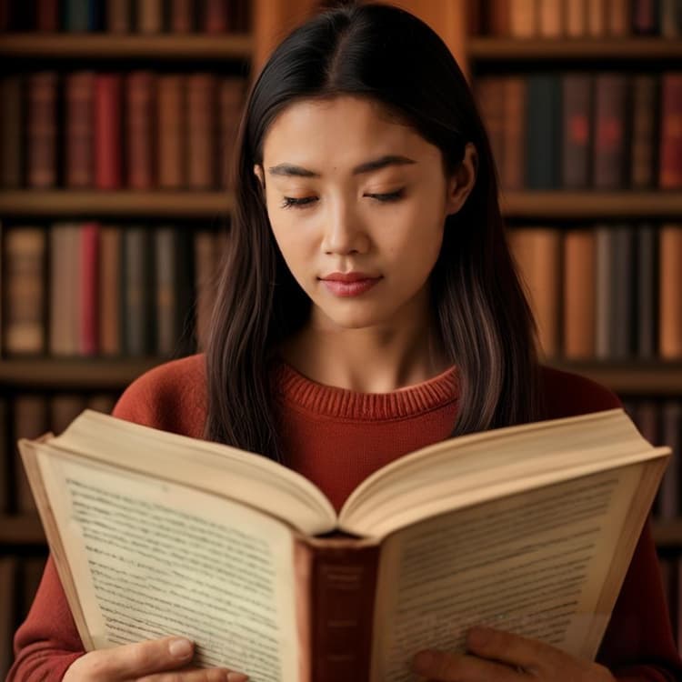 یک شخص کتاب‌های باز را در زبان‌های مختلف نگه داشته است در حالی که با اعتماد به نفس صحبت می‌کند.