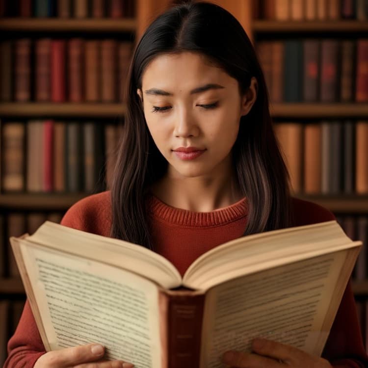 A person holding open books in different languages while speaking confidently.