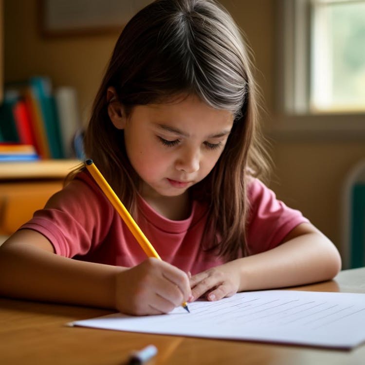 A young girl sitting at her desk, struggling to write legibly on paper with a pencil, illustrating the challenges faced by individuals with dysgraphia.