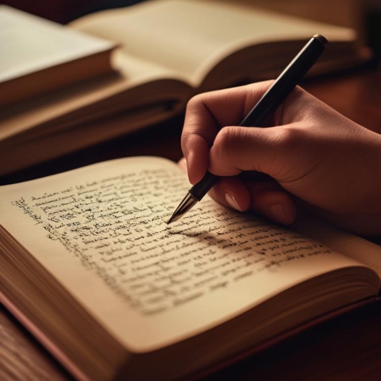 एक नोटबुक में लिखते हुए हाथ का क्लोज-अप शॉट, एक डिक्शनरी और एक व्याकरण पुस्तक नरम प्रकाश में एक डेस्क पर खुली हुई