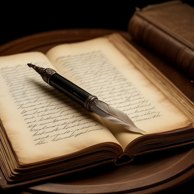 يد تمسك بقلم ريشة فوق ورقة بيضاء مع حدود زخرفية، على خلفية كتاب قديم مفتوح ذو صفحات فارغة.