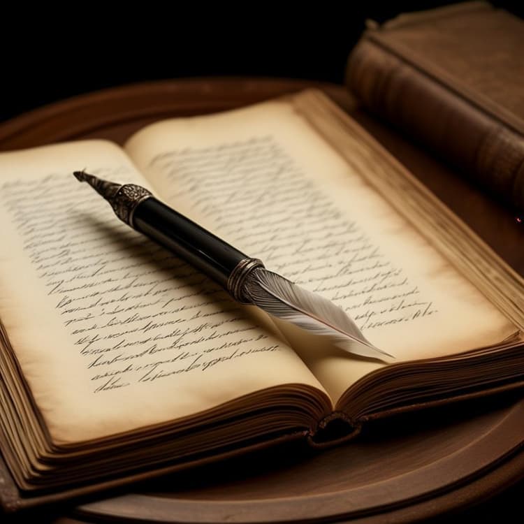 a hand holding a quill pen above a blank parchment with a decorative border, against a backdrop of an open vintage book with empty pages.