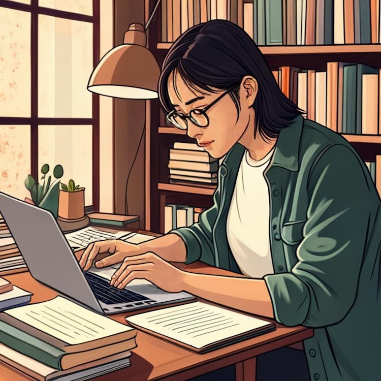 Một người đang viết trên máy tính xách tay với vẻ mặt suy tư, được bao quanh bởi sách và nguồn học ngôn ngữ.