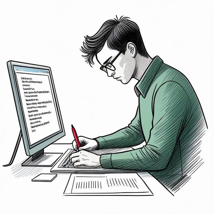 Una ilustración de una persona editando texto en una pantalla de computadora, resaltando una oración incómoda con un bolígrafo rojo.