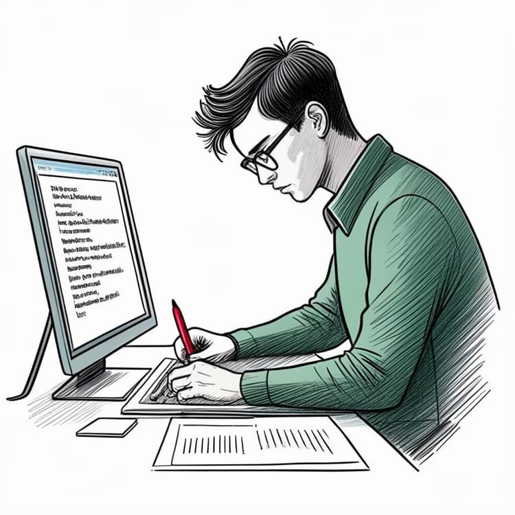 Une illustration d'une personne éditant du texte sur un écran d'ordinateur, soulignant une phrase maladroite avec un stylo rouge.