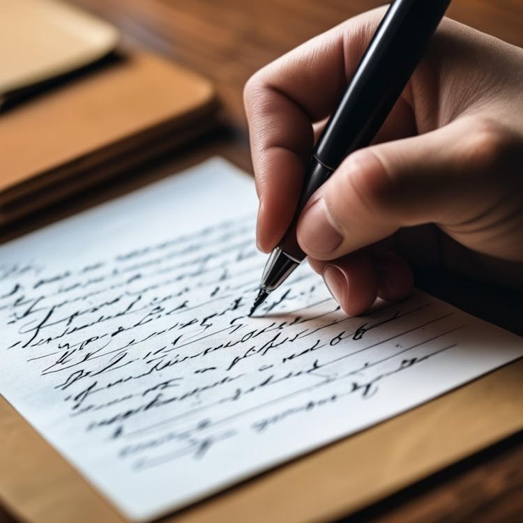O mână care ține un stilou scriind pe hârtie, cu cerneală care curge lin, așezată pe un birou de lemn alături de notițe împrăștiate