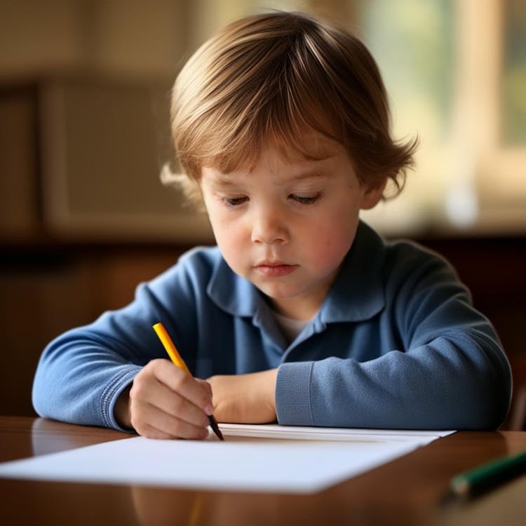 طفل صغير يجلس على مكتب، يمسك بقلم رصاص ويكتب على ورقة بتعبير مركز.