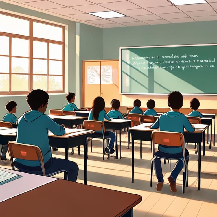 Des étudiants assis à des bureaux dans une salle de classe, engagés dans des exercices d'écriture.