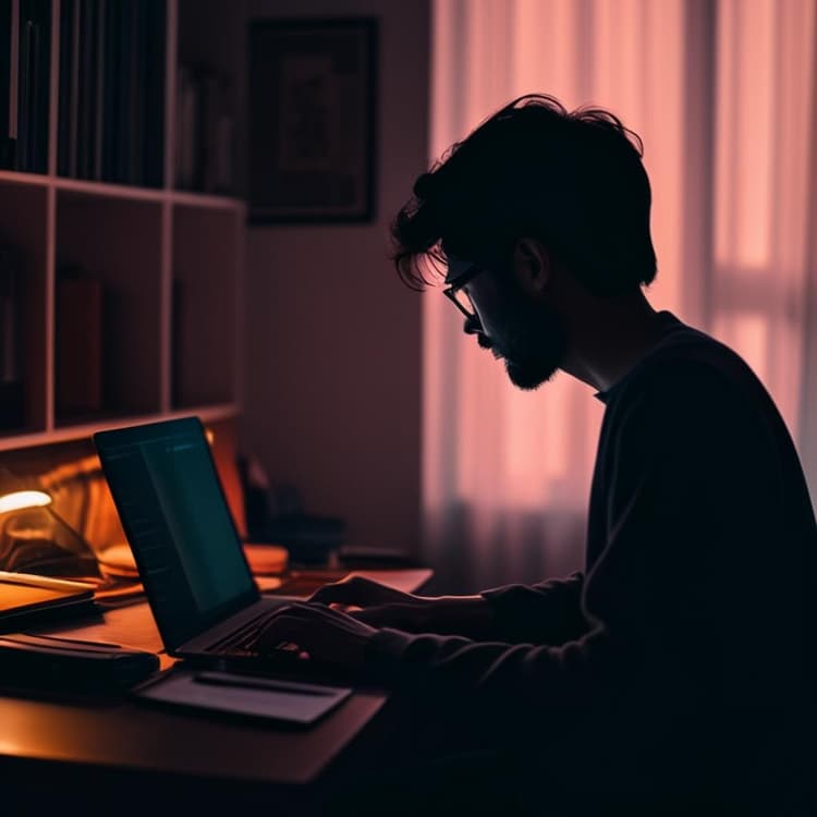 Isang taong nakaupo sa desk na may laptop, aktibong nagta-type dito.