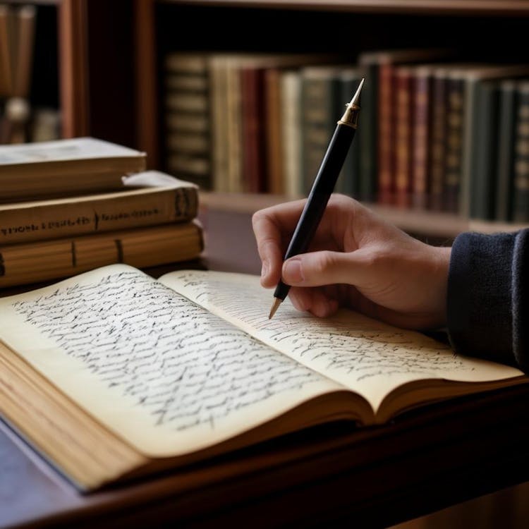 Một người đang đọc một tiểu thuyết cổ điển của Pháp, cầm một cây bút máy, xung quanh là những ghi chú viết tay, trên một cái bàn gần giá sách.