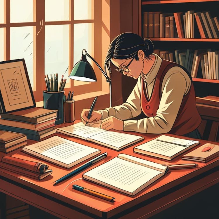 一个人在他们的书桌前写作的插图，周围散布着各种写作工具和书籍。