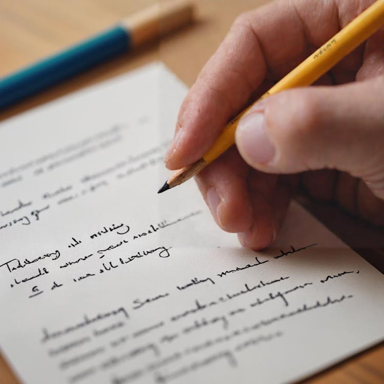 O mână ținând un creion cu diverse instrumente de scris împrăștiate în jur, simbolizând suportul pentru scriitorii în dificultate.