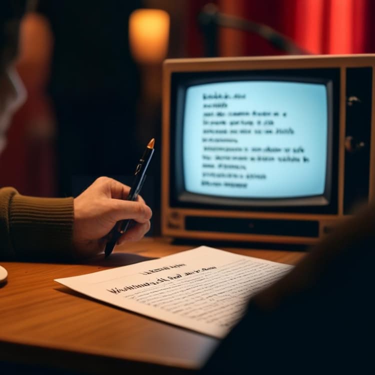 Una persona viendo un programa de televisión en español con subtítulos y tomando notas sobre palabras de vocabulario.