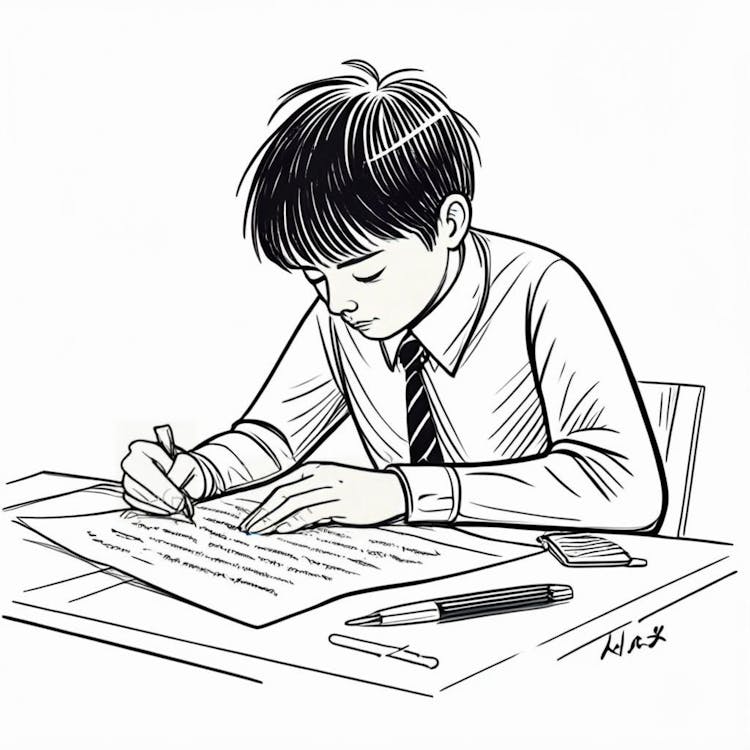 Ilustracja przedstawiająca osobę piszącą przy biurku, z przekreślonymi słowami i znakami korekty na papierze, symbolizująca słabe pisanie i potrzebę poprawy.