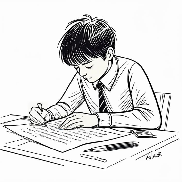 An illustration depicting a person writing at their desk, with crossed-out words and correction marks on their paper, symbolizing poor writing and the need for improvement.