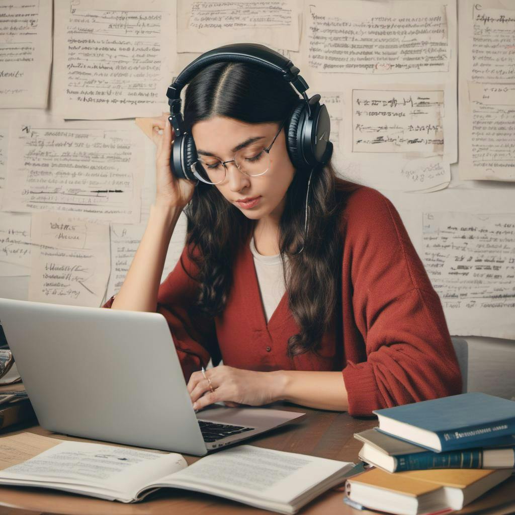Uma foto de uma pessoa estudando um idioma estrangeiro usando um laptop e fones de ouvido, há livros e anotações na mesa.
