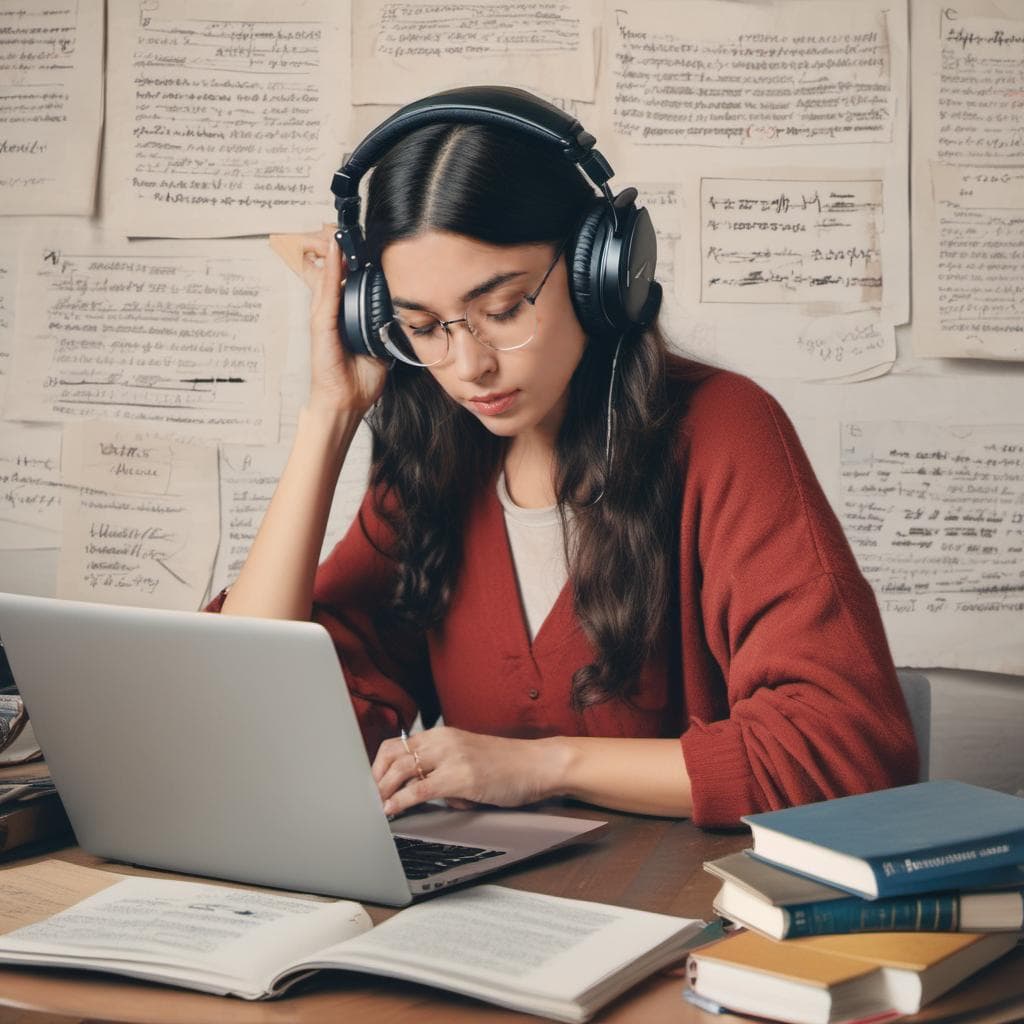 Una foto de una persona estudiando un idioma extranjero usando una laptop y auriculares, hay libros y notas sobre la mesa.