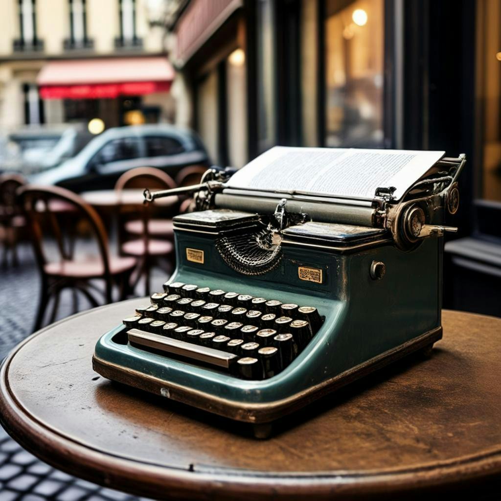 Una máquina de escribir antigua situada en una mesa de café en una calle parisina