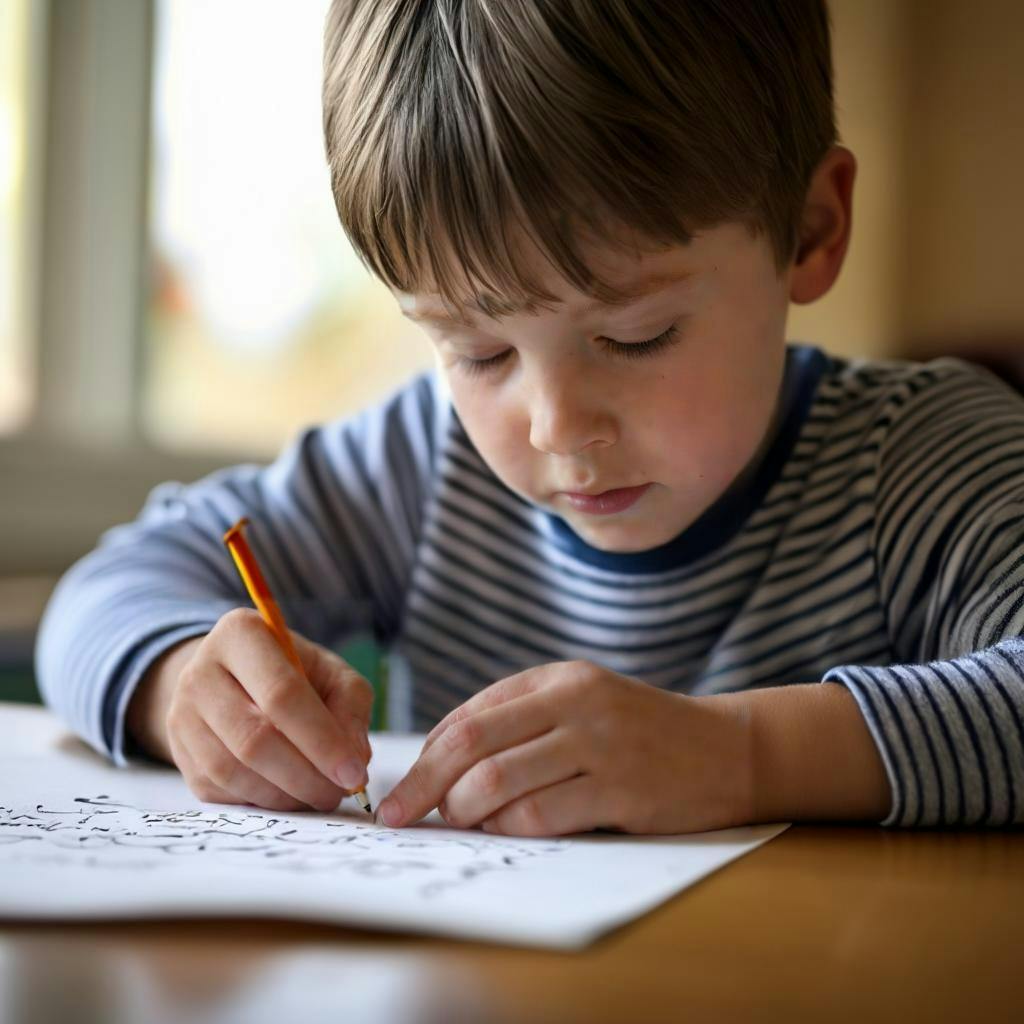 Un jeune élève qui a du mal à écrire lisiblement sur du papier, avec une formation incorrecte des lettres et mélangeant les lettres cursives et imprimées, représentant les symptômes de la dysgraphie.
