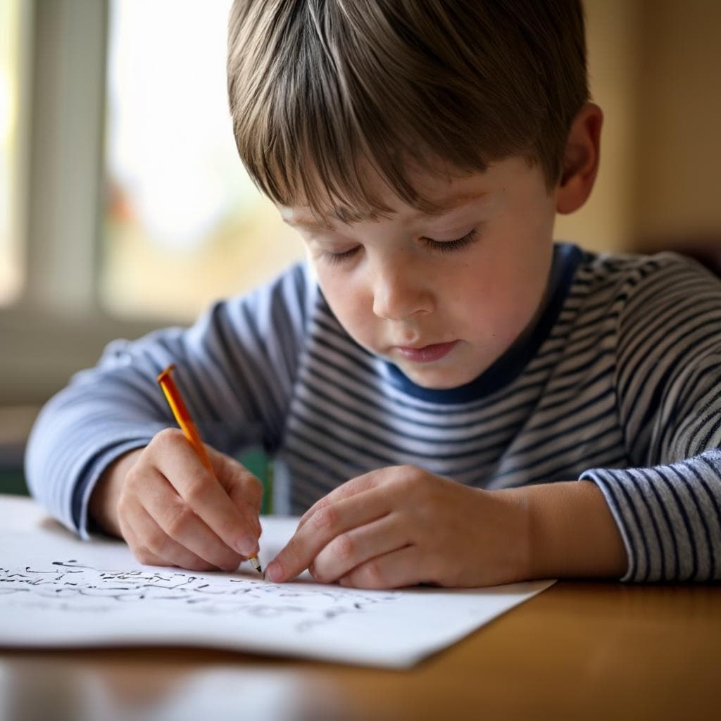 A young student struggling to write legibly on paper, with incorrect letter formation and mixing cursive and print letters, representing symptoms of dysgraphia.