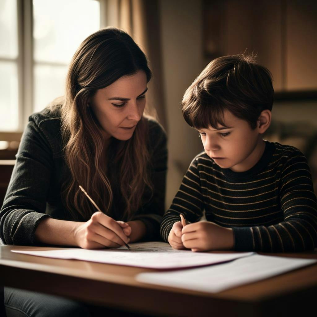 A parent and child sitting together at a table, reviewing a piece of writing and discussing areas for improvement.