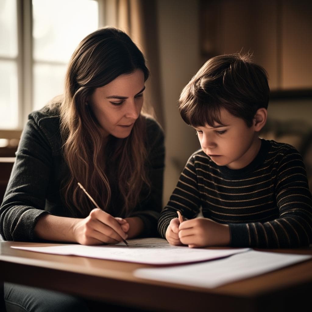 Um pai e um filho sentados juntos à mesa, revisando um texto e discutindo áreas para melhoria.