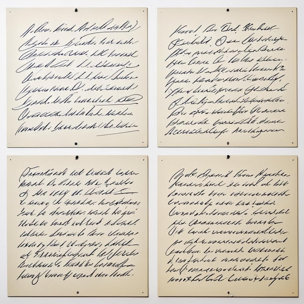 three separate panels, each featuring hand writing in different languages, using black pens against a light, neutral background