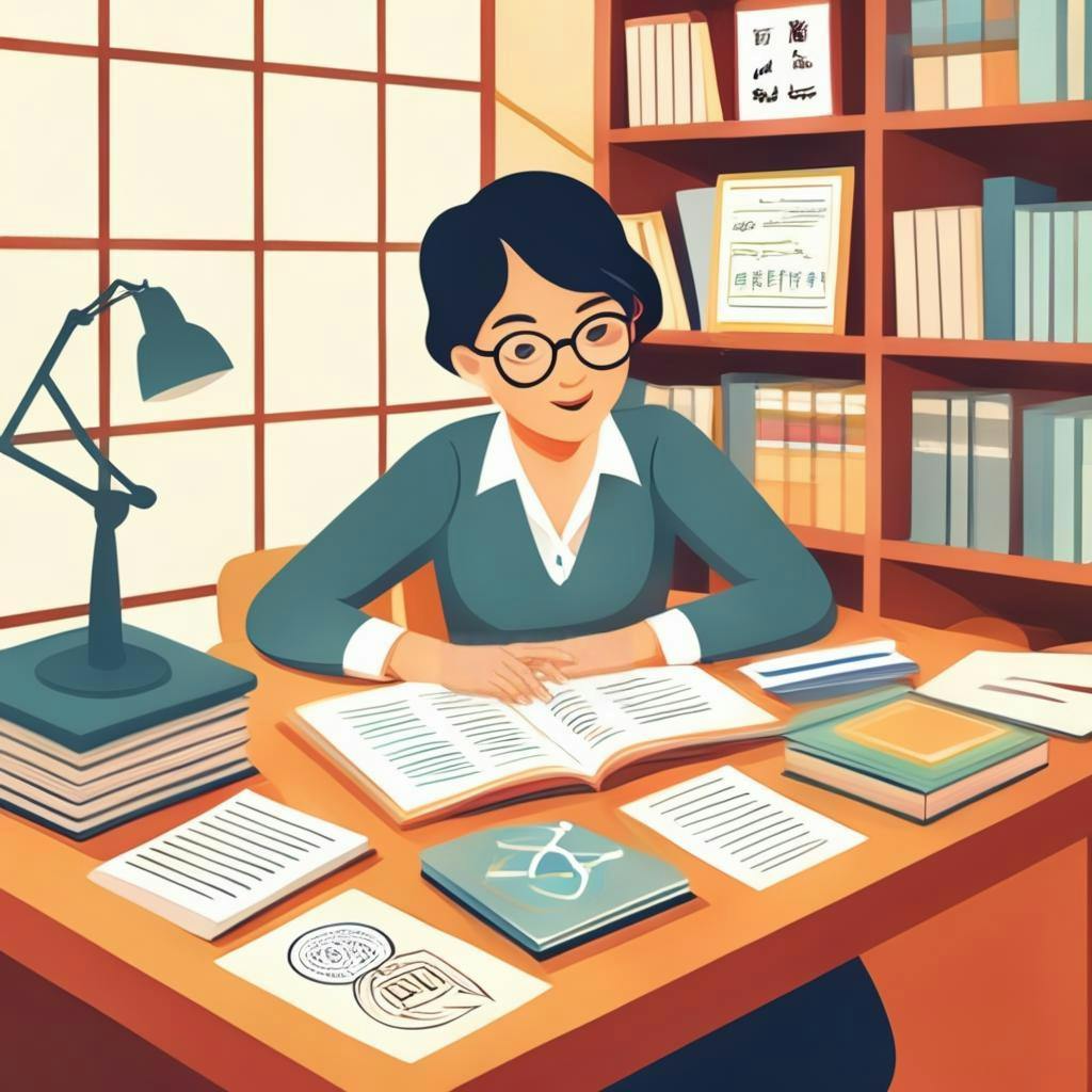 A person sitting at a desk with books and language learning materials, surrounded by images and symbols related to immersion and consistent practice in language learning.