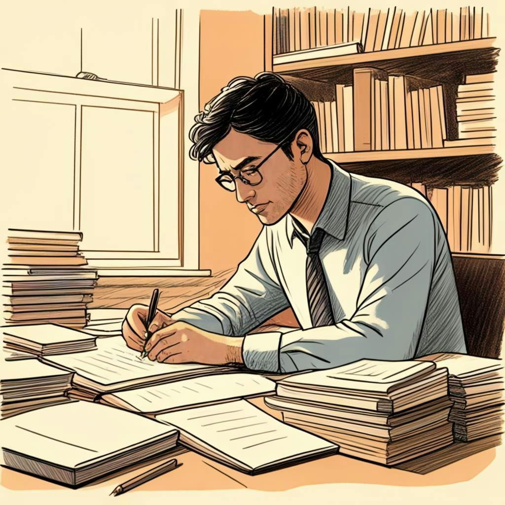 Ilustracja osoby piszącej przy biurku, otoczonej książkami i notatkami, z zamyślonym wyrazem twarzy.
