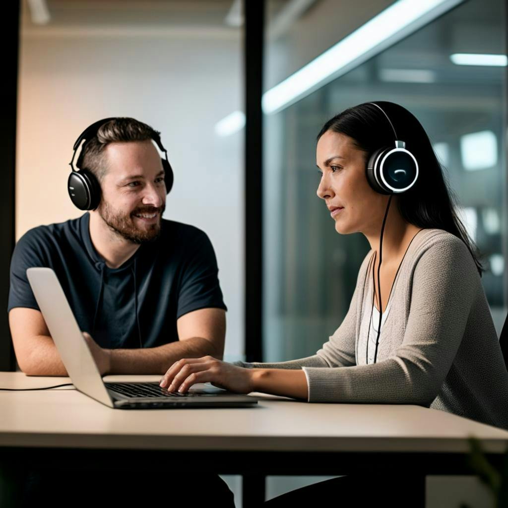 Two people having a conversation using laptops and headphones while video conferencing.