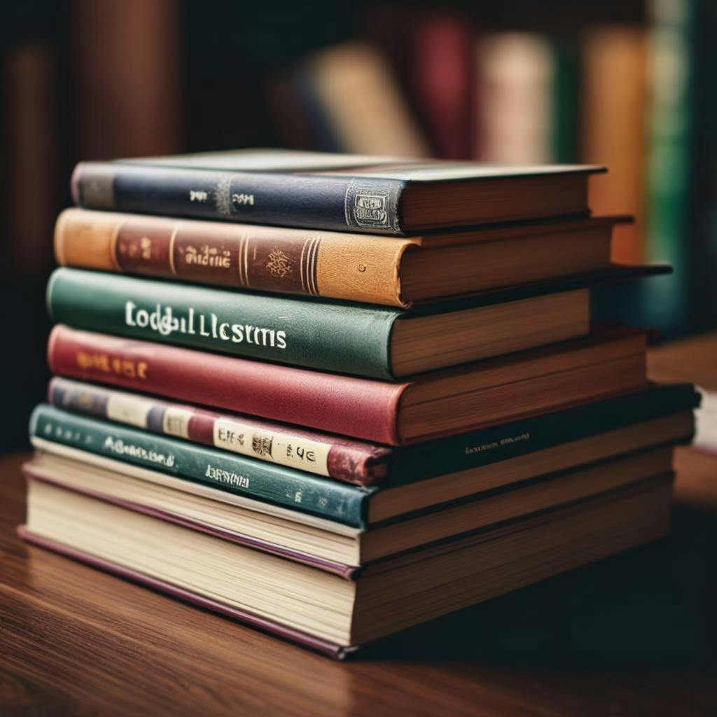 A stack of books with various language learning resources. The image conveys the importance of utilizing multiple resources to improve ESL writing skills.
