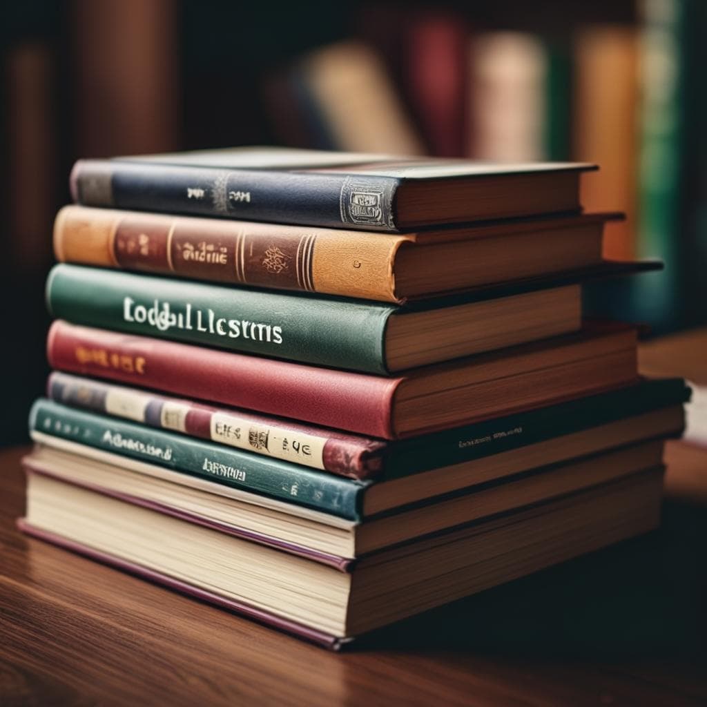O stivă de cărți cu diverse resurse pentru învățarea limbilor. Imaginea transmite importanța utilizării mai multor resurse pentru a îmbunătăți abilitățile de scriere ESL.