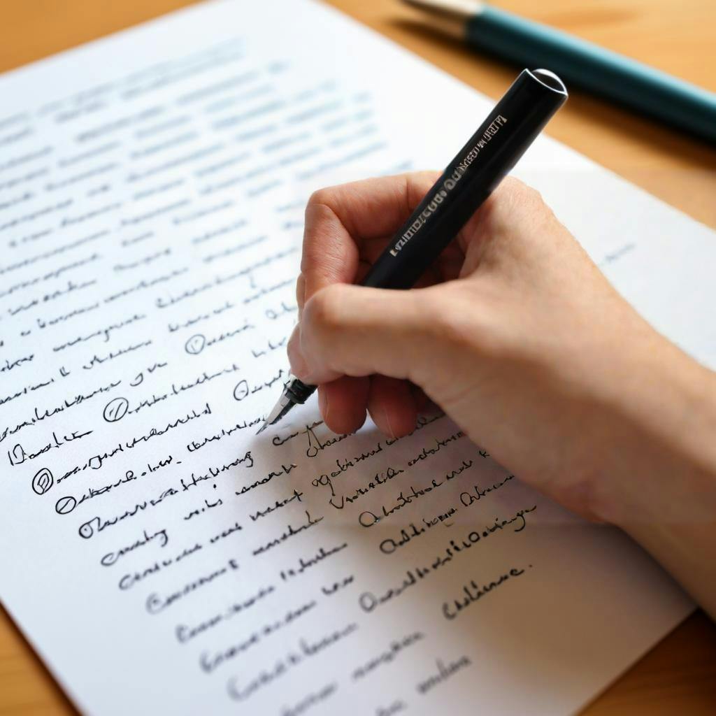 Eine Hand, die einen Stift hält und auf einem leeren Blatt Papier schreibt, umgeben von verschiedenen Wörtern und Phrasen, die mit Brainstorming und Clustering-Techniken in Verbindung stehen.