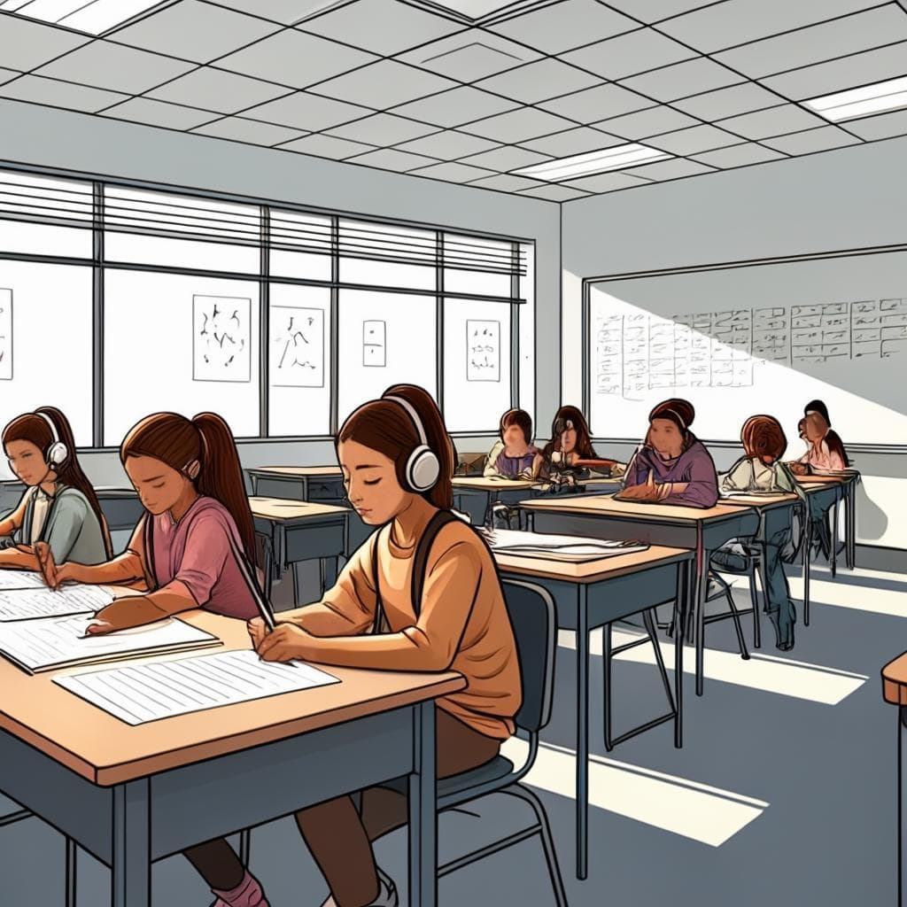 Une salle de classe avec plusieurs élèves travaillant sur leurs devoirs d'écriture, certains utilisant des organisateurs graphiques et des casques anti-bruit, tandis que d'autres travaillent dans des zones d'écriture calmes et désignées.