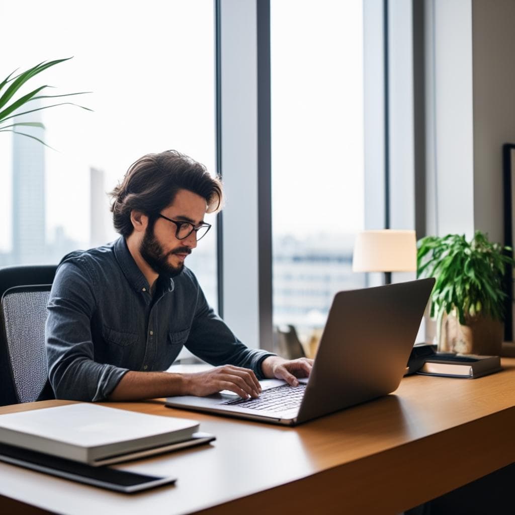 A person typing on a laptop at their office