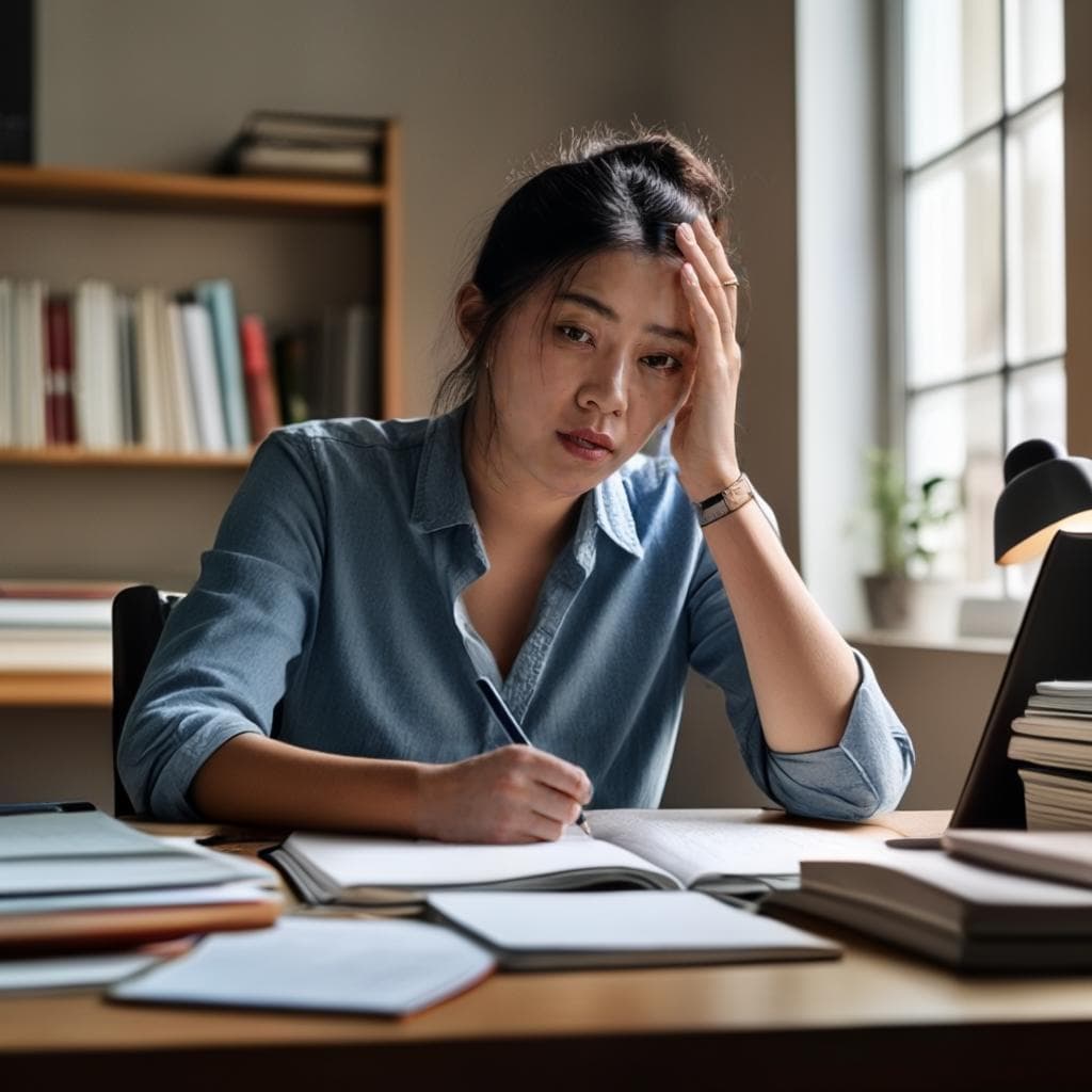 Una persona seduta alla propria scrivania, che appare frustrata mentre studia materiali linguistici.