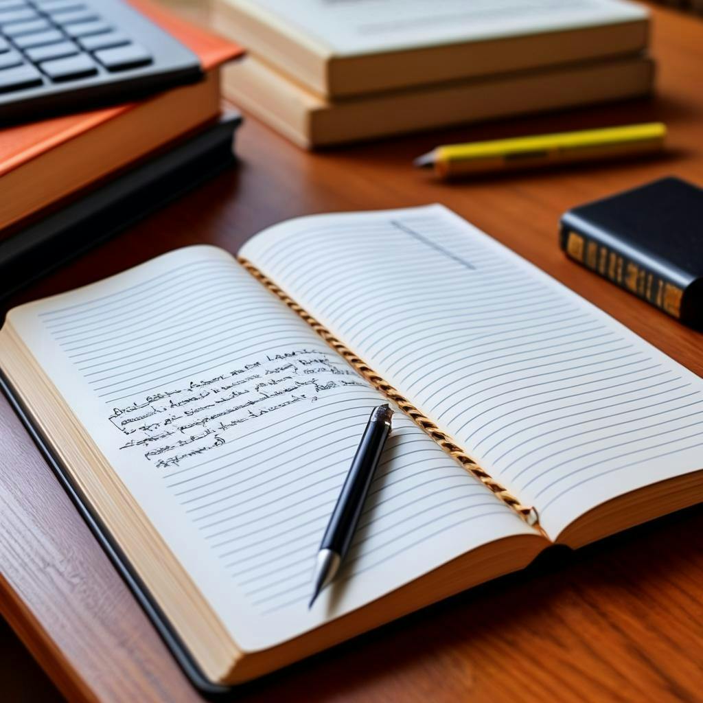 Eine Hand, die mit einem Bleistift auf einem linierten Notizblock schreibt, neben einem Buch und Wörterbuch mit markierten Seiten, alles auf einem sauberen Schreibtisch