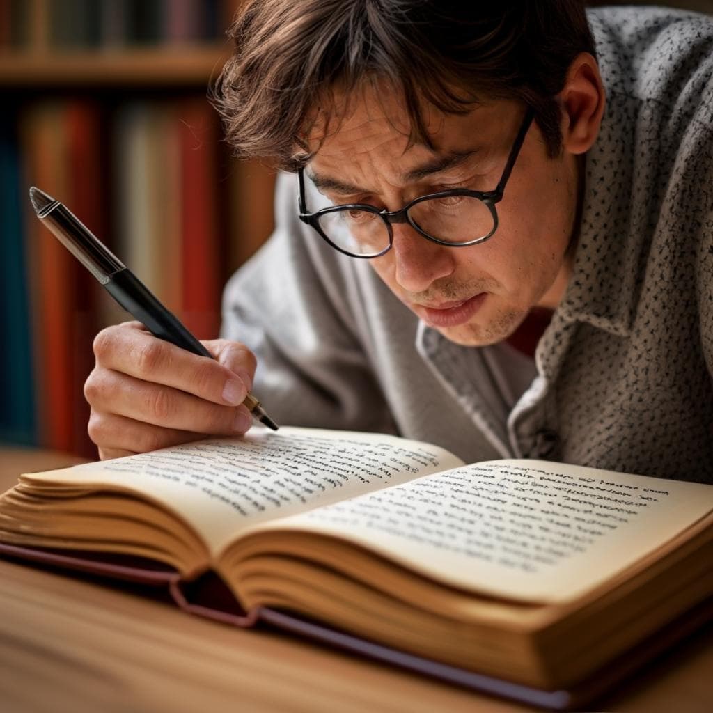 Eine Person hält ein Buch und einen Stift, studiert die französische Sprache mit einem verwirrten Ausdruck, umgeben von Wörtern und Buchstaben, die auf häufige Herausforderungen hinweisen, mit denen englische Muttersprachler beim Erlernen der französischen Rechtschreibung konfrontiert sind.