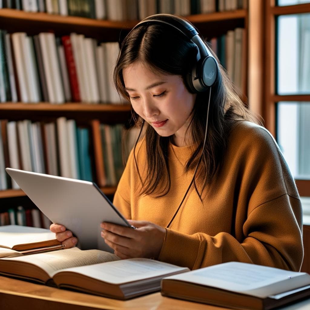 Una persona sosteniendo libros abiertos, usando una tableta y hablando por un teléfono de video, todo mientras aprende un nuevo idioma.