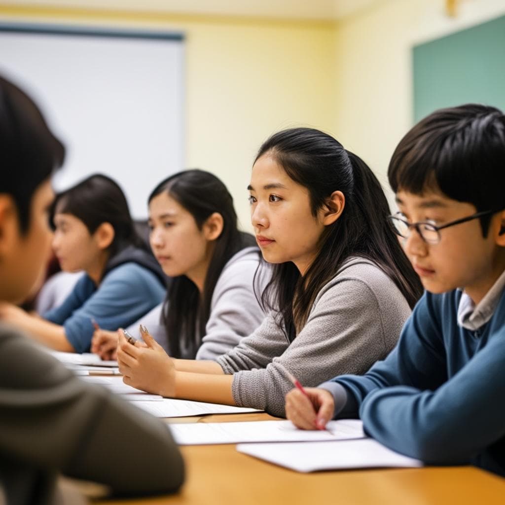 Um grupo de estudantes ouvindo atentamente durante uma aula de ESL, participando de vários exercícios de compreensão auditiva como ditado, jogos, pares mínimos e debates.