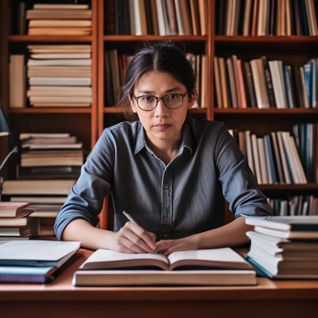 Uma pessoa sentada em uma mesa na frente de um laptop, cercada por livros e materiais de escrita, com uma expressão focada e determinada no rosto.