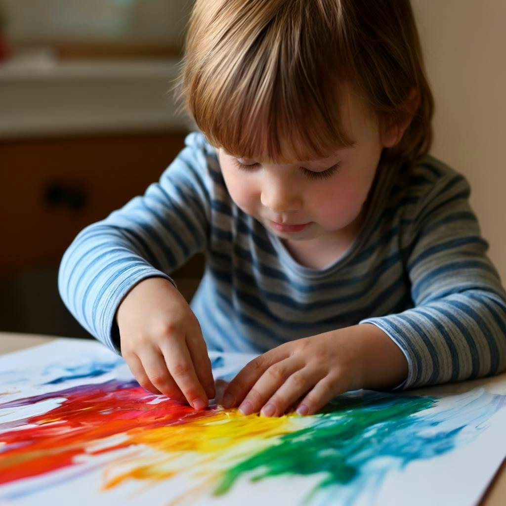 A child finger painting on a large piece of poster board with different colors of paint, developing fine motor skills and hand-eye coordination for pre-writing activities.