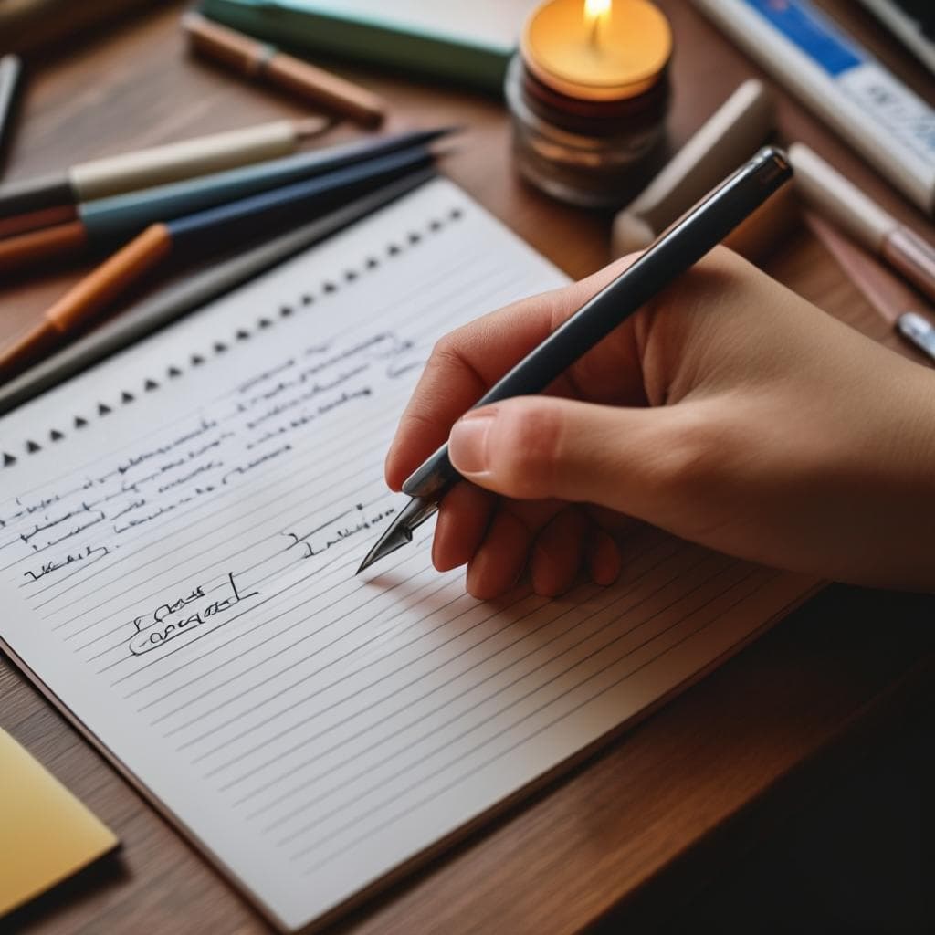 A hand holding a pen and writing on paper, surrounded by various writing tools and stationery items.